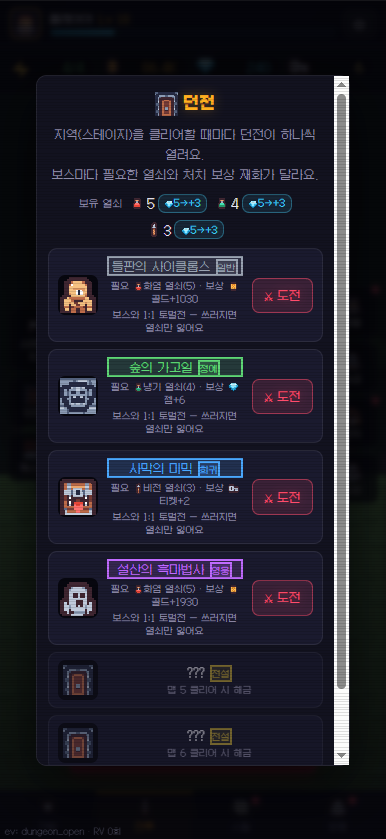 스크롤던전 던전 목록 — 보스별 필요 열쇠와 보상