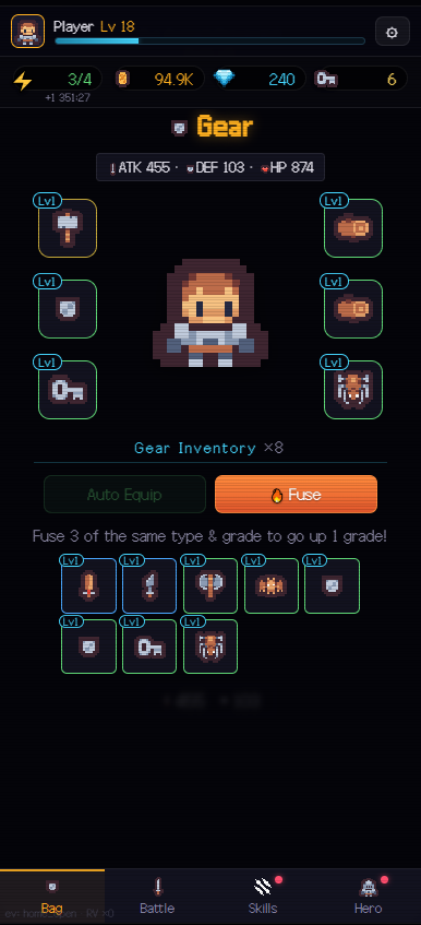 Scroll Dungeon gear tab — six equipment slots and the fuse button