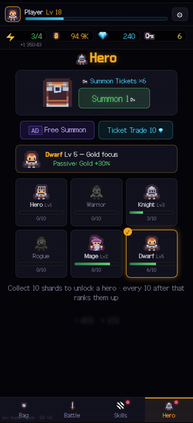 Scroll Dungeon hero tab showing six heroes, shard progress and the selected Dwarf passive