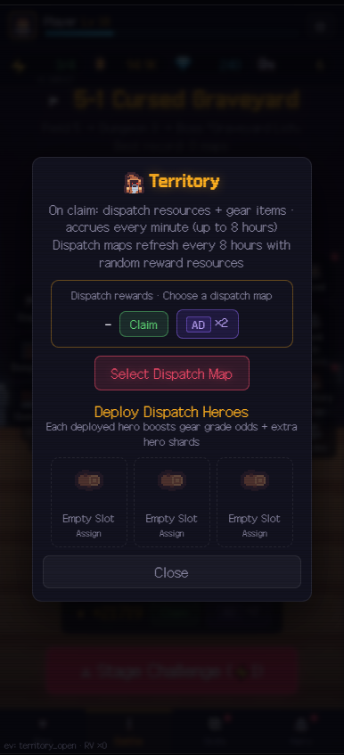 Scroll Dungeon territory screen showing dispatch rewards, map selection and hero deployment slots