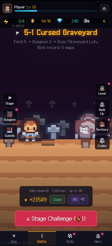Scroll Dungeon battle tab — run structure, energy and idle rewards