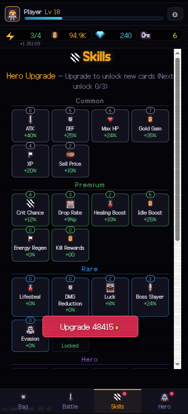 Scroll Dungeon skills tab showing card tiers Common, Premium and Rare with per-level values